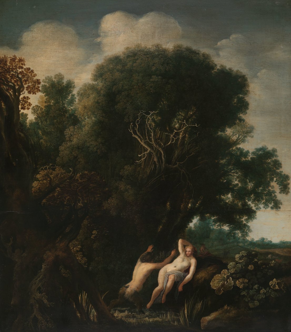 En badnymf tagen med överraskning av en Satyr En nymf överraskad vid sitt bad av en satyr av Moyses van Wtenbrouck
