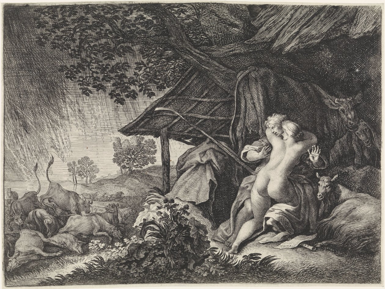 Herde och herdinna skyddar från en storm av Moyses van Wtenbrouck