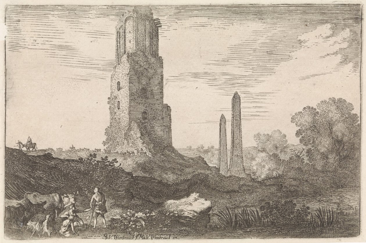 Landskap med två obelisker och "Torre delle Militia" Arkadiska landskap (serietitel) av Moyses van Wtenbrouck