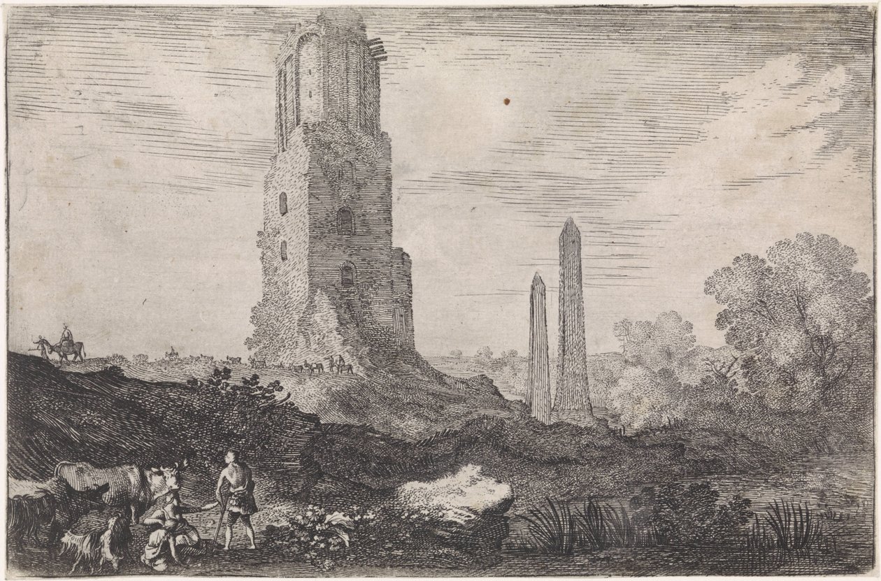Landskap med två obelisker och "Torre delle Militia" Arkadiska landskap (serietitel) av Moyses van Wtenbrouck