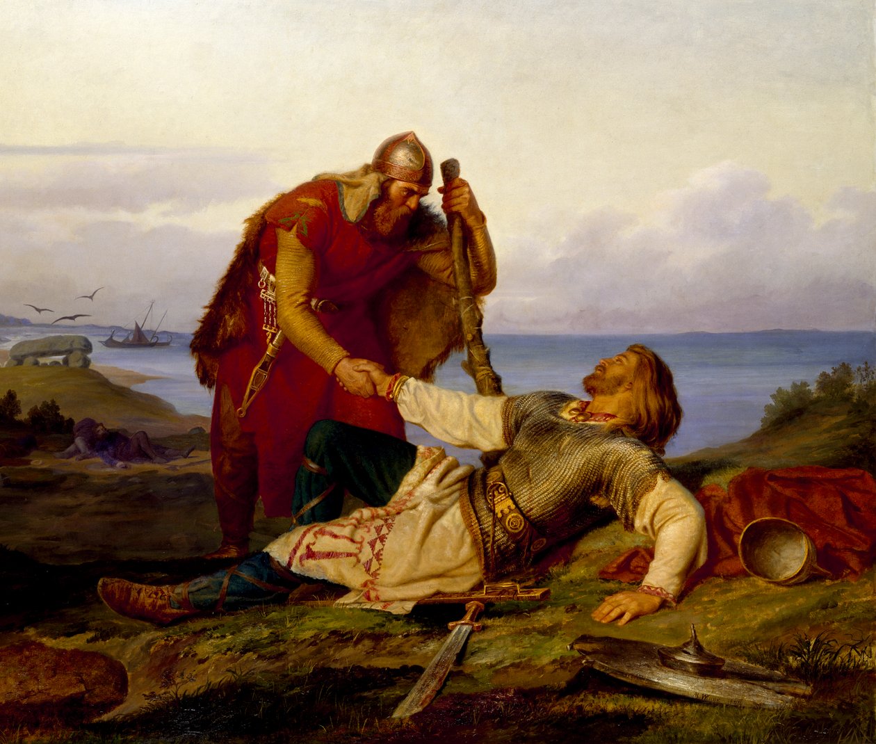 Hjalmar tar farväl av Örvar-Oddr efter slaget vid Samsø 1866. av Mårten Eskil Winge