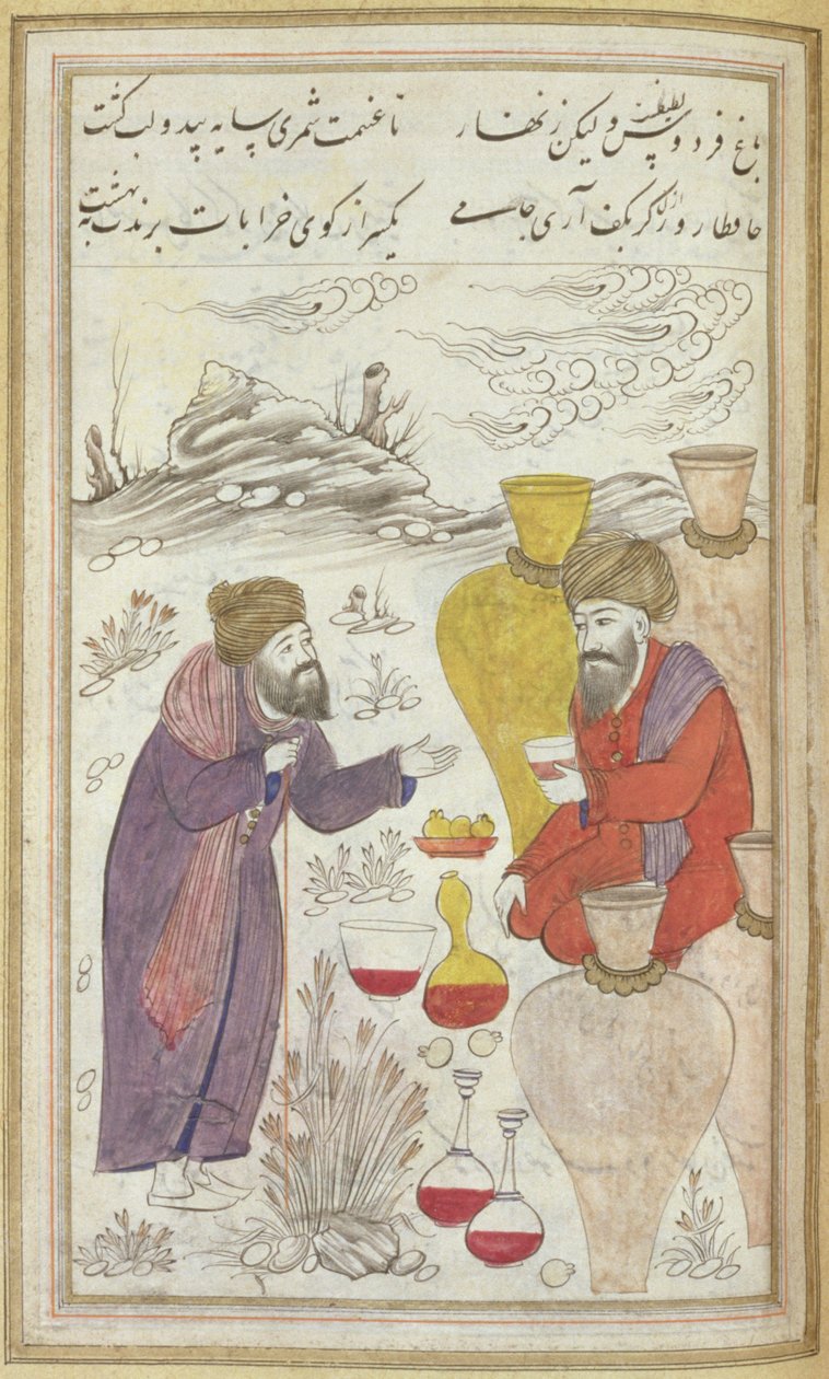 En man som lutar sig mot en pinne talar med en man omgiven av stora burkar, vinflaskor står framför honom, från Divan of Hafiz, ca 1650 av Mughal School