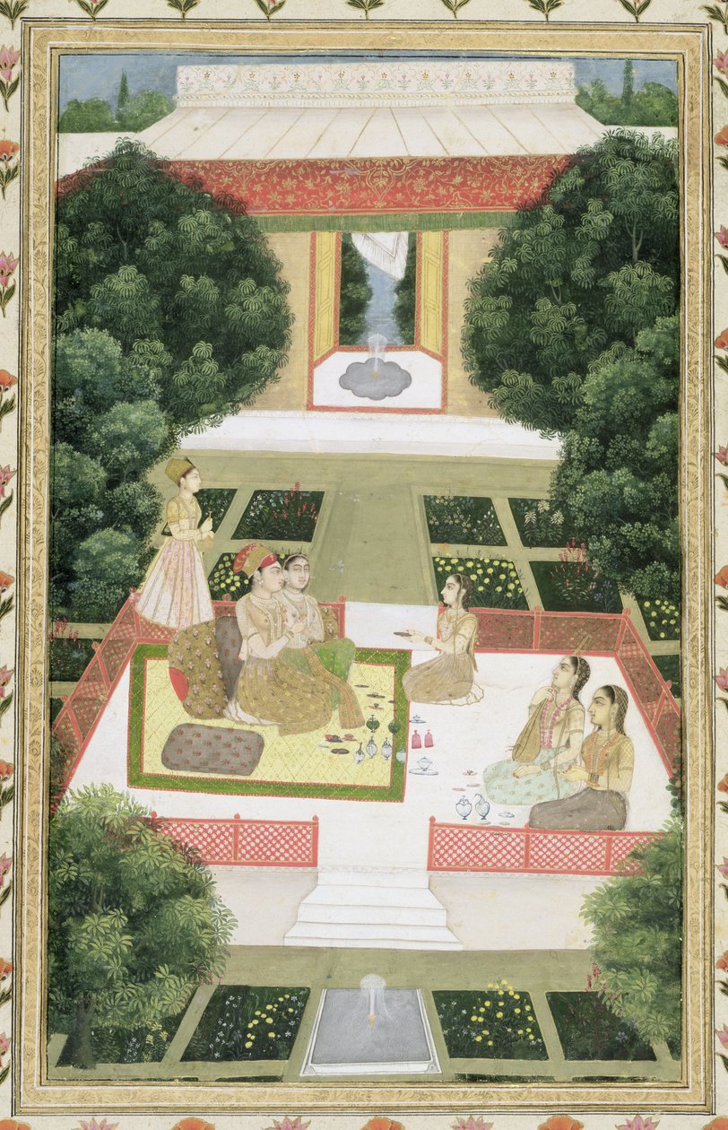 Ett par i en trädgård som lyssnar på musik med kvinnliga skötare, från Small Clive Album (ogenomskinlig wc på papper) av Mughal School