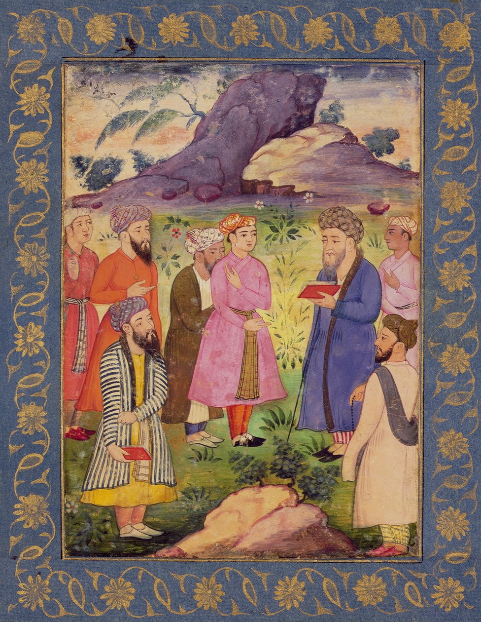 En ädel yngling med skötare i ett landskap, från Large Clive Album, c.1605 (ogenomskinlig wc på papper) av Mughal School