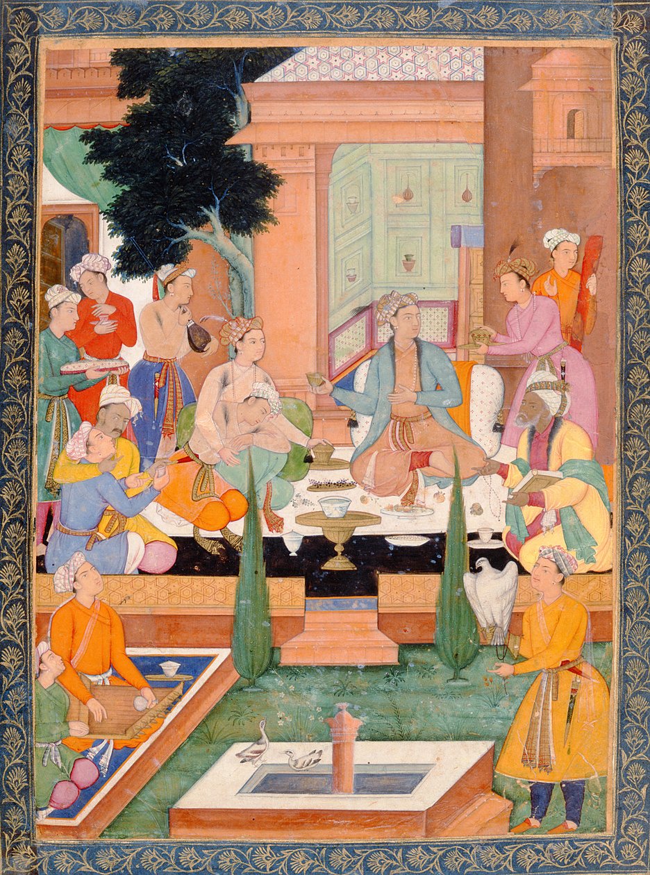 En prins och följeslagare tar förfriskningar och lyssnar på musik från Small Clive Album av Mughal School