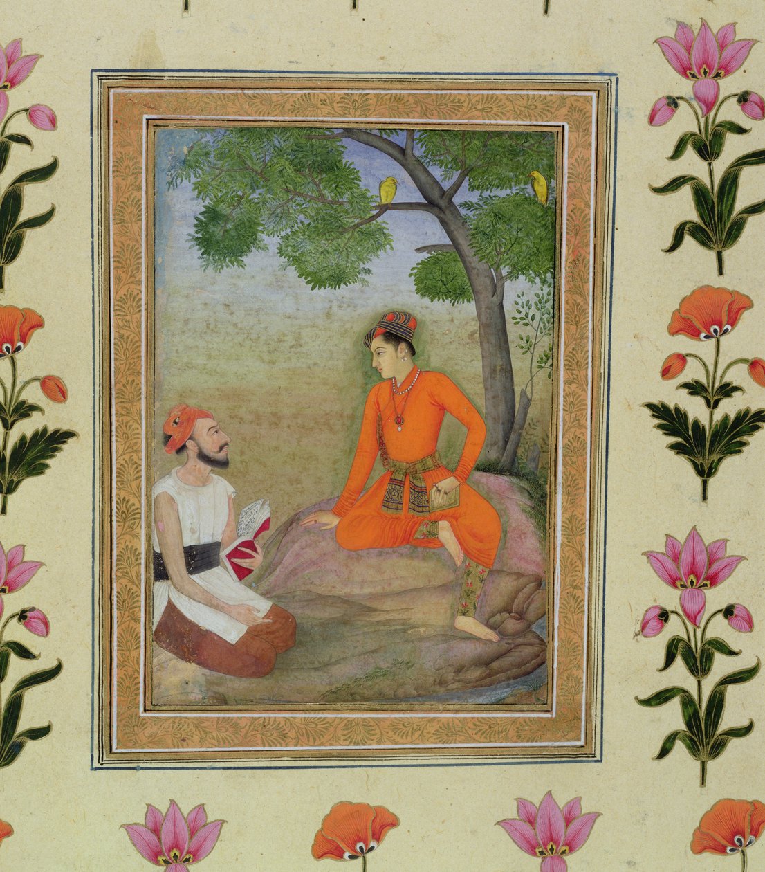 En prins i diskussion med en religiös man som håller i en bok, från Small Clive Album av Mughal School