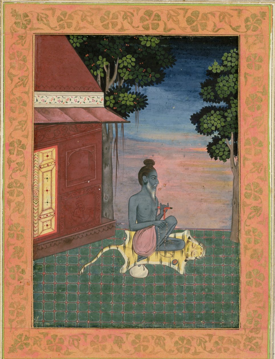 Åldrad asket sittande på ett tigerskinn utanför en byggnad, från Large Clive Album, c.1670 av Mughal School
