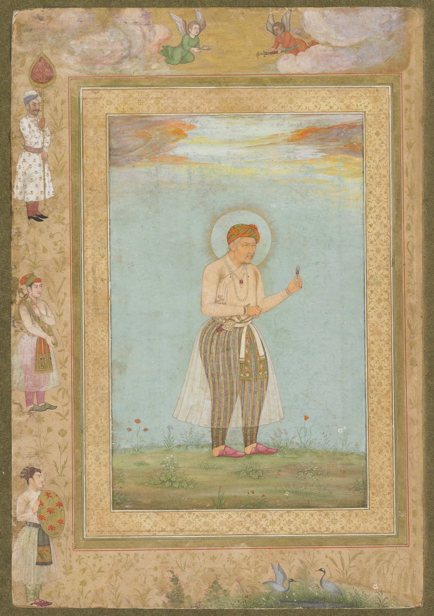 Akbar med en Sarpech, från det sena Shahjahan-albumet, fristående manuskriptfolio, ca 1650 av Mughal School
