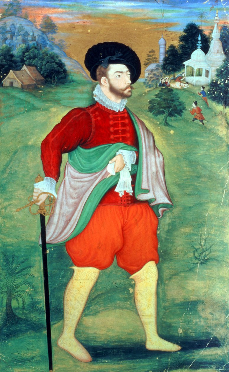 En europé i Indien, ca 1556-1605 (ogenomskinlig akvarell & guld på papper) av Mughal School
