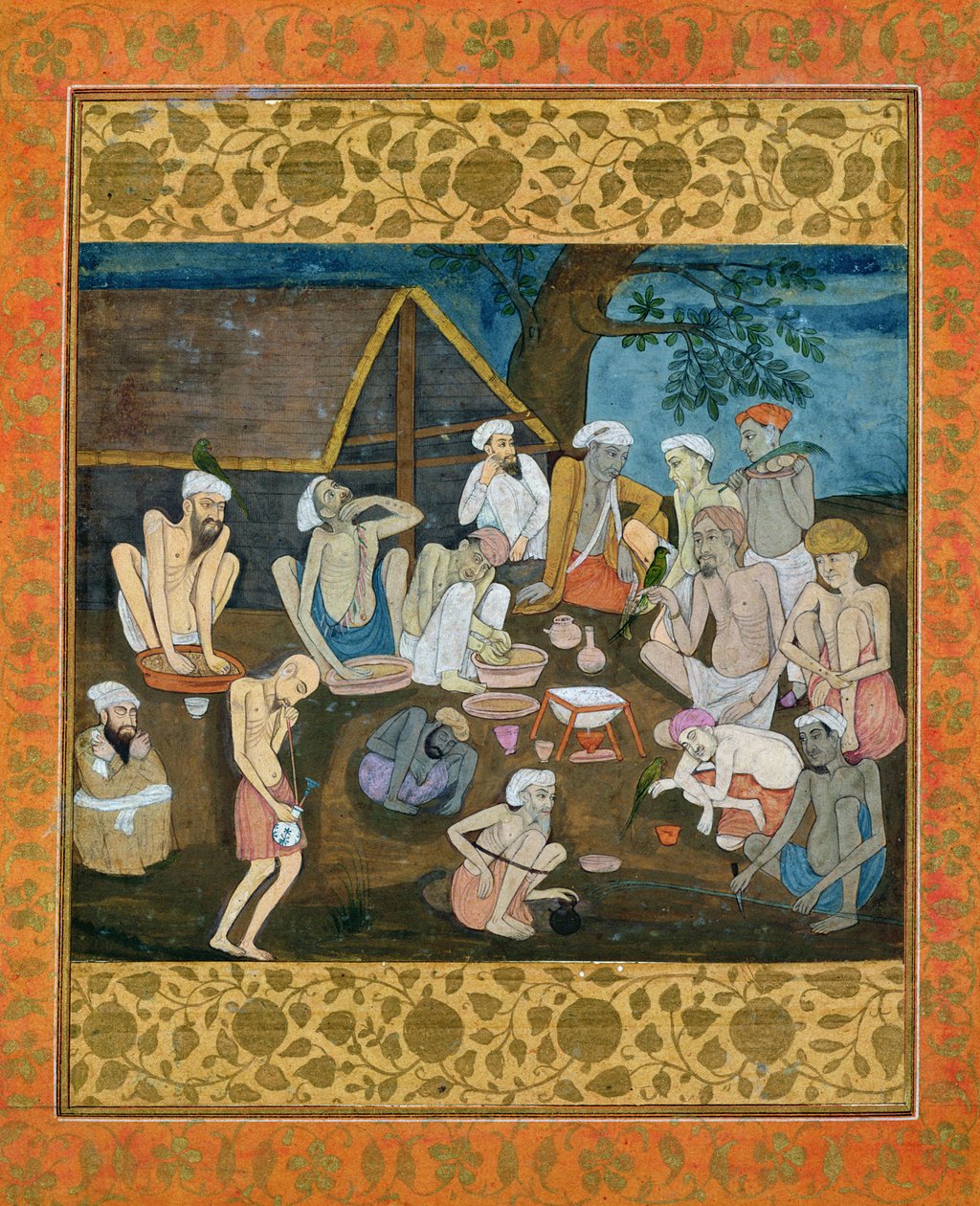 En samling fakirer som förbereder bhang och ganja, från Large Clive Album av Mughal School
