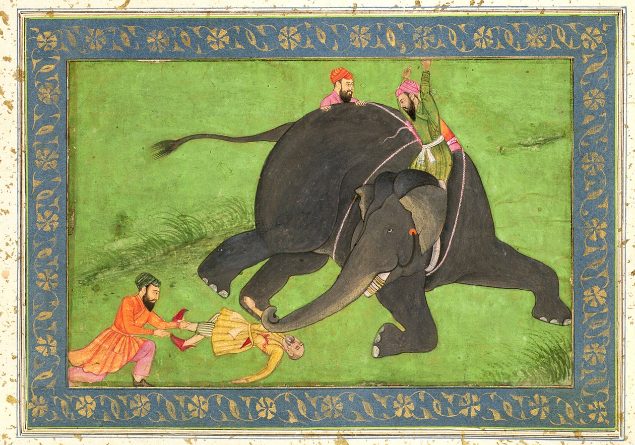 Skötare räddar en fallen man från en arg elefant, från Large Clive Album av Mughal School
