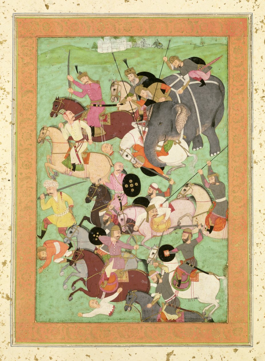 Strid mellan styrkorna från Iran och Turan, illustration till Shahnama, Large Clive Album, mitten av 1600-talet (papper, guld och läder) av Mughal School