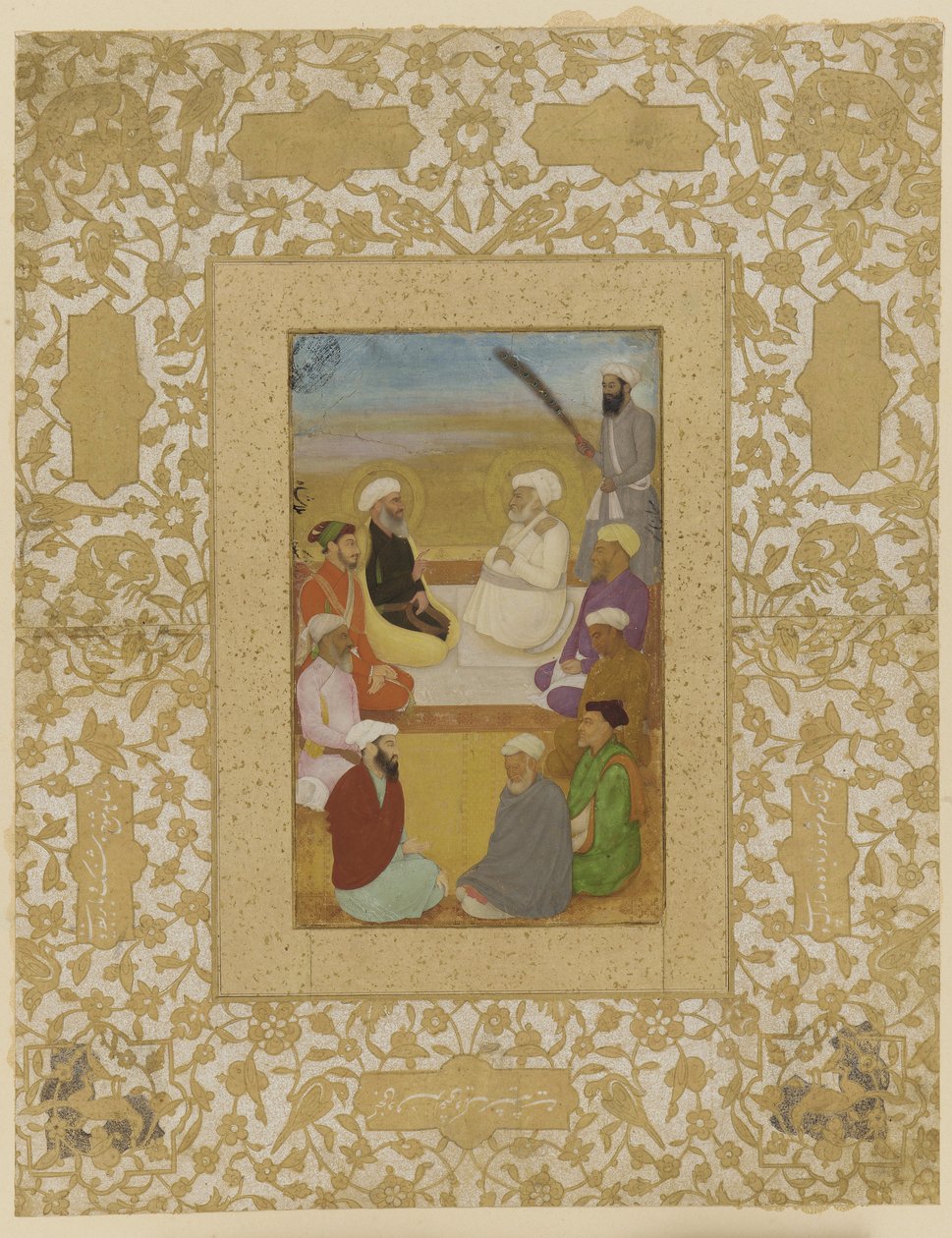 Dara Shikoh med Mian Mir och Mulla Shah, fristående albumfolio med målning, ca 1640 av Mughal School