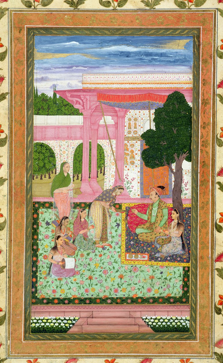 Emperor Jahangir (1569-1627) ma lana soa ma ana auauna i se togalaau, mai le Small Clive Album (opaque wc i luga o pepa)swed av Mughal School