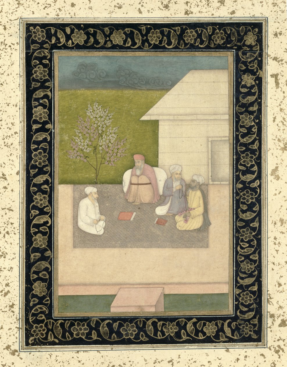 Fyra muslimska heliga män sitter i meditation utanför en hydda, från Large Clive Album av Mughal School
