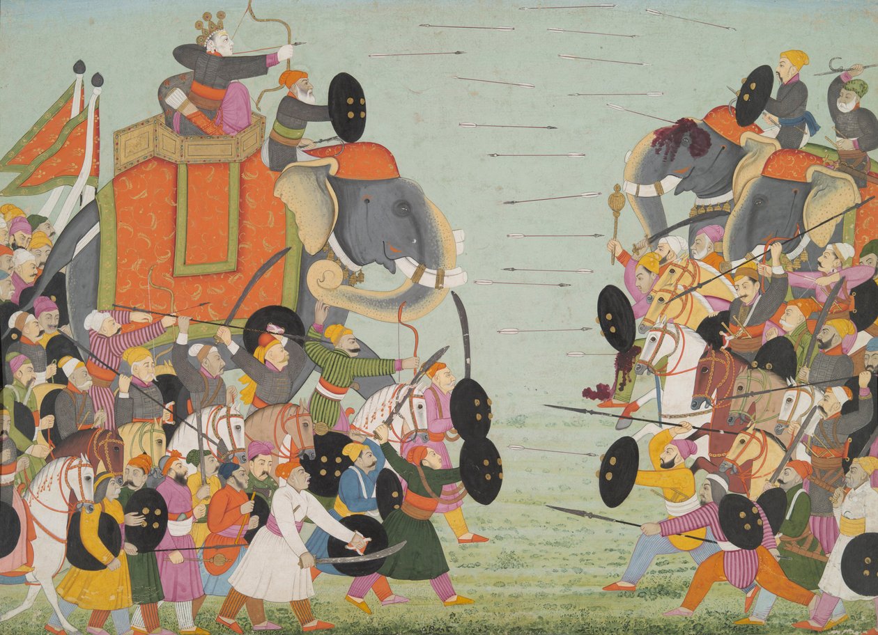 Illustration från en Bhagavata Purana-serie, bok 10, Battle Between Balarama och Jarasandha, 1760-65 (wc och guld på papper) av Mughal School