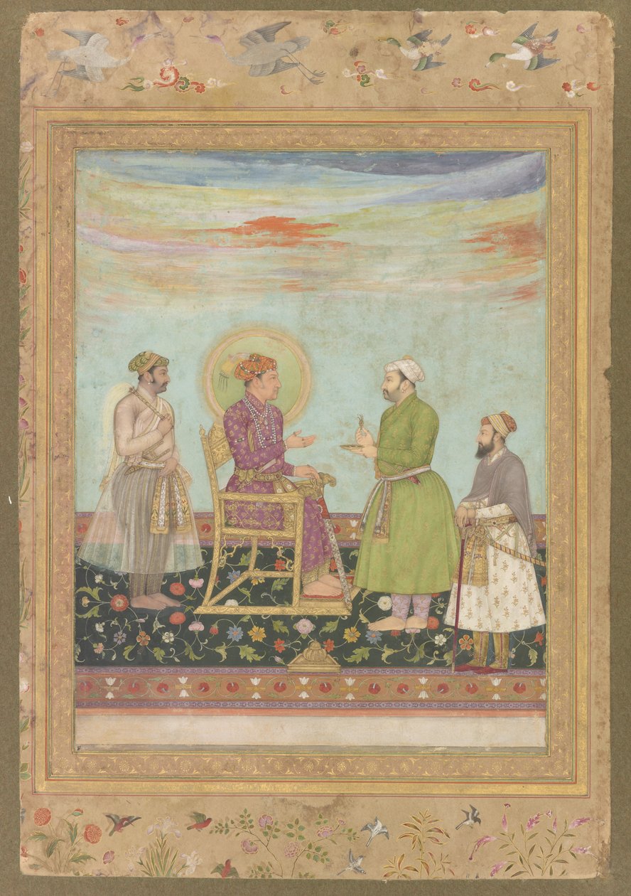 Jahangir med Asaf Khan och Shayista Khan, från det sena Shah Jahan-albumet, fristående manuskriptfolio, ca 1650 av Mughal School
