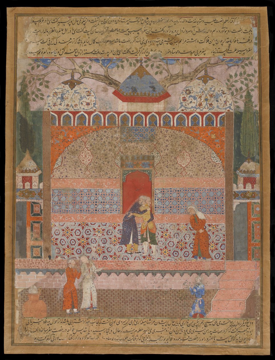 Khwaja Bozorgmehr tar avsked av sin åldrade mor för att gå ut i världen och söka upprättelse, från Hamzanama, Manuscript folio, c.1560-65 av Mughal School