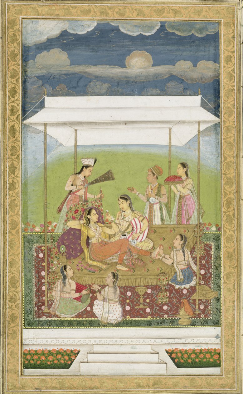 Kvinnor som lyssnar på musik i en trädgård, från Small Clive Album (opak wc på papper) av Mughal School