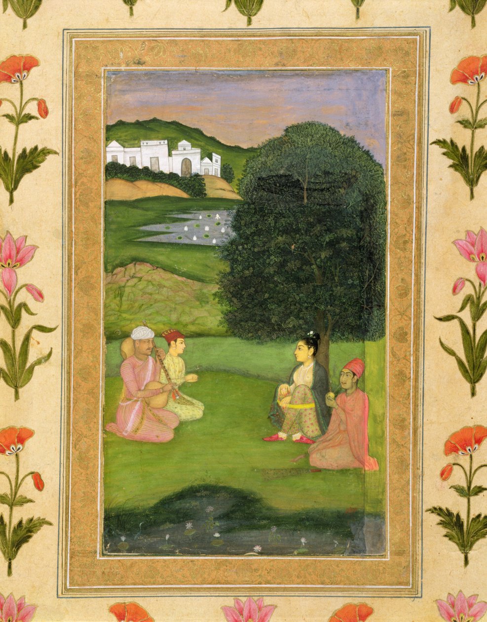 Dam och skötare lyssnar på musik i solnedgången, från Small Clive Album av Mughal School