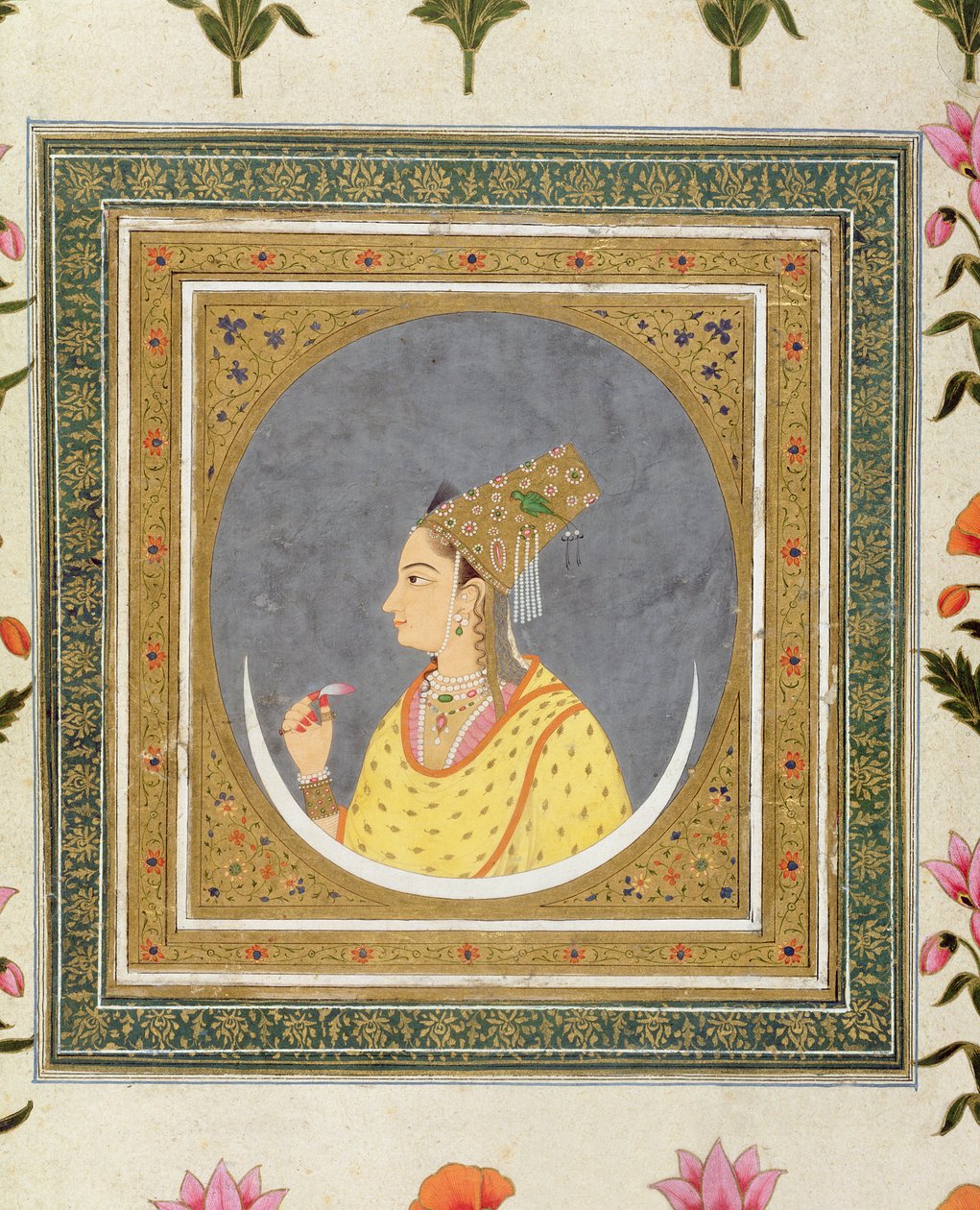 Porträtt av en dam som håller ett lotusblad, från Small Clive Album, ca 1750-60 av Mughal School