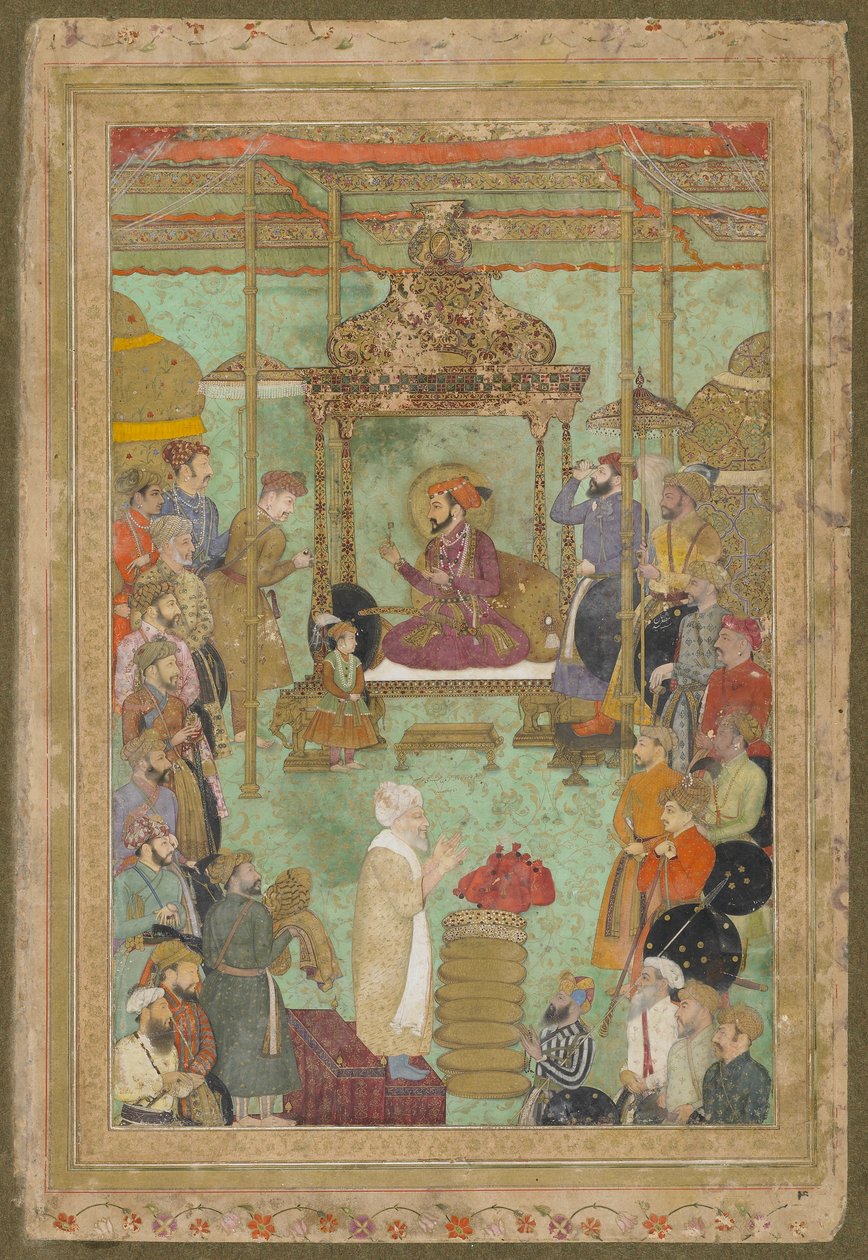 Shah Jahan tronade med Mahabat Khan och en Shaykh, från det sena Shah Jahan-albumet, fristående manuskriptfolio, 1629-1630 av Mughal School