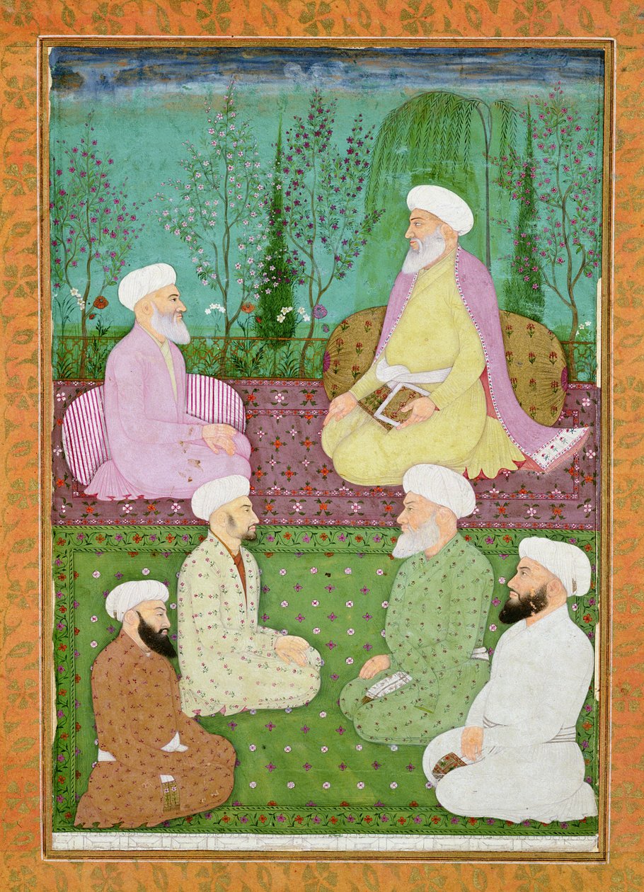 Sex muslimska heliga män sitter på en trädgårdsterrass, från Large Clive Album av Mughal School