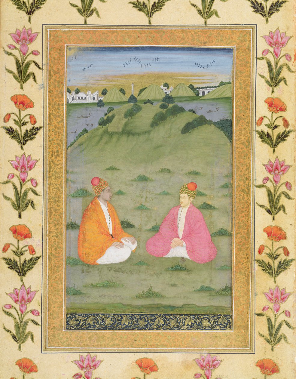 Två adelsmän som sitter i ett landskap, från Small Clive Album (ogenomskinlig wc på papper) av Mughal School