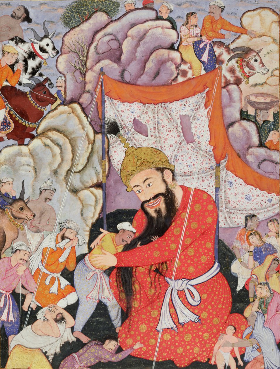 Zumurrud Shah når foten av ett enormt berg och får sällskap av Raim Blood-Drinker och Yaqut Shining, 1557-72 (wc & bladguld på bomull) av Mughal School