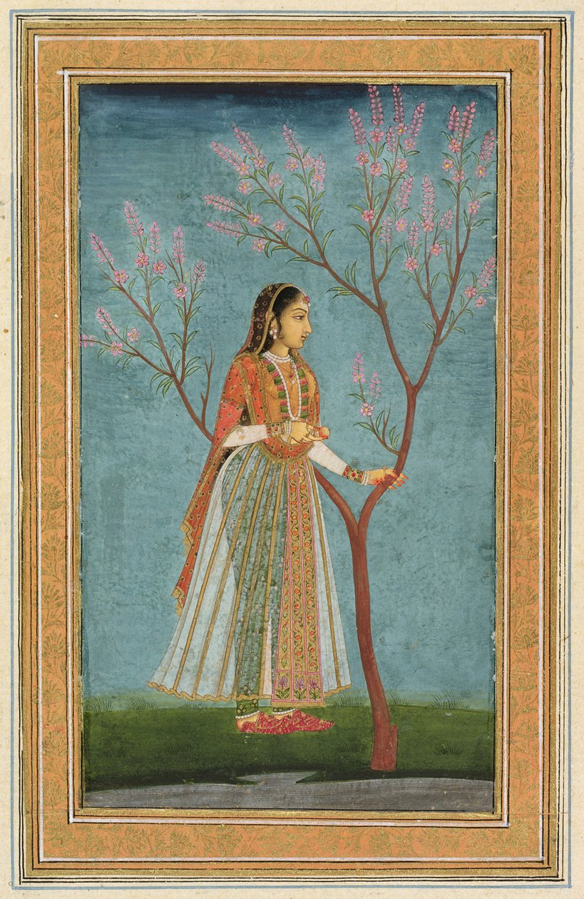 Dam som står vid ett träd i blom, från Small Clive Album av Mughal School