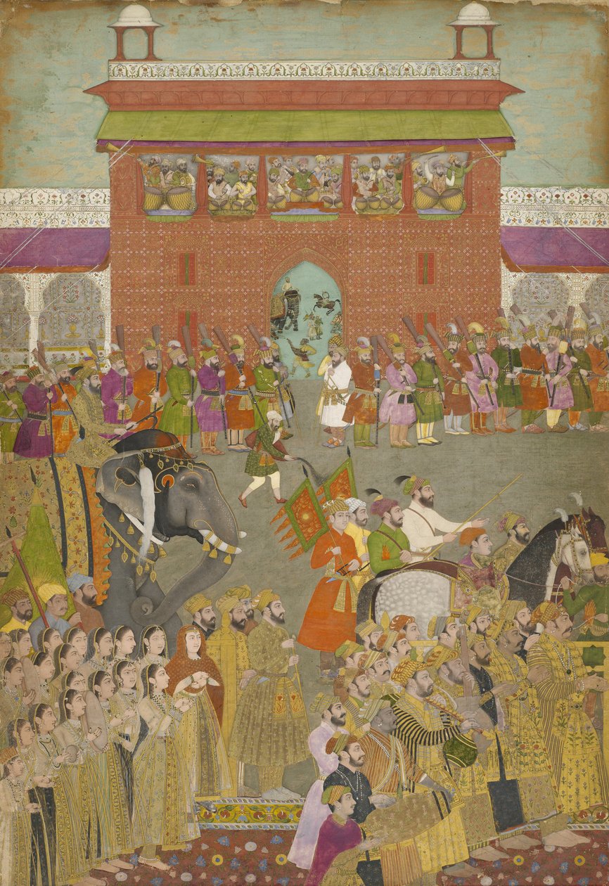 En processionsscen med musiker, från en kopia av Padshanama, Mughal-perioden, mitten av 1600-talet av Mughal School