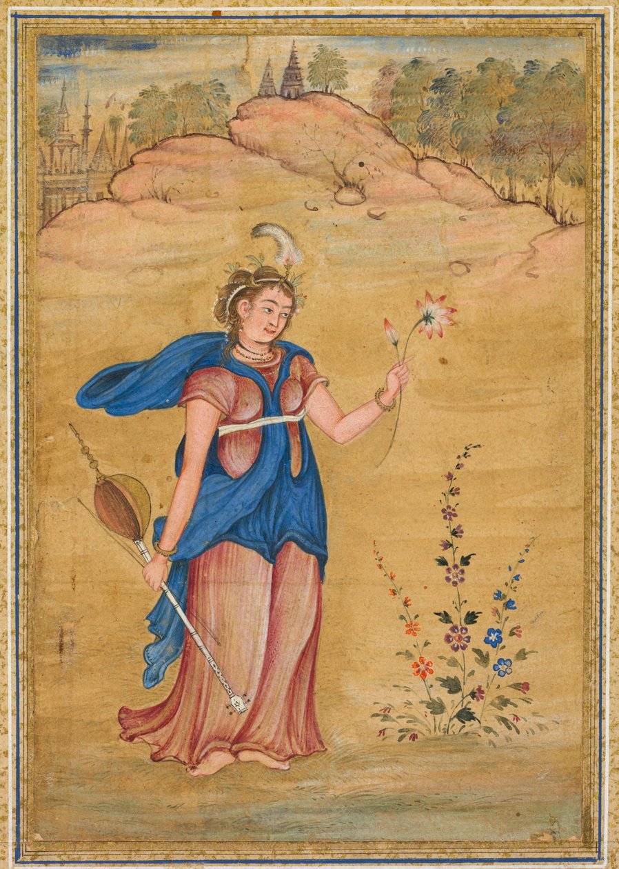 En kvinnofigur stående i ett landskap med en fyrsträngad khuuchir och en lotus, ca 1590 (opak akvarell med guld på papper) av Mughal School
