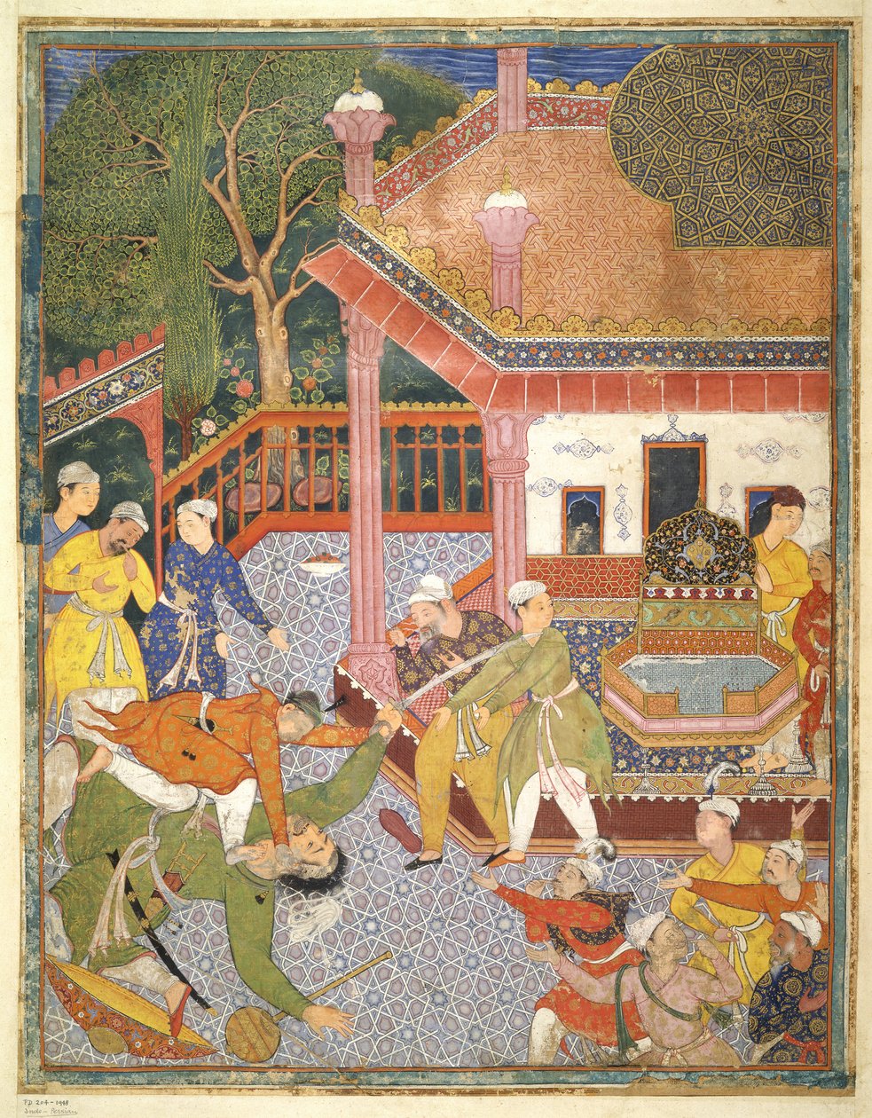 En hjälte dödar en jätte inför en skara åskådare på en innergård, illustration från Hamza Nama, ca 1555-67 (kroppsfärg på bomull) av Mughal School