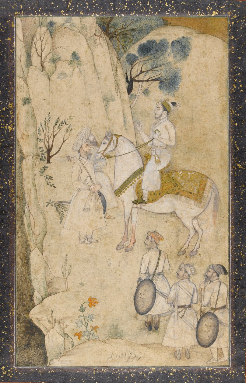En prins till häst, med fem skötare, angående ett vattenfall (wc med penna och bläck, grafit och guld på papper) av Mughal School