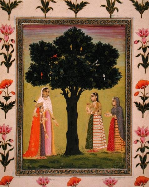 En prinsessa med sin son möter två damer som erbjuder gåvor, från Small Clive Album (opak akvarell på papper) av Mughal School