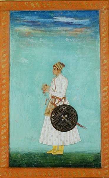 En ung adelsman vid Mughal-hovet som håller ett förseglat brokadkuvert, ca 1670-80, från Large Clive Album (gouache på papper) av Mughal School