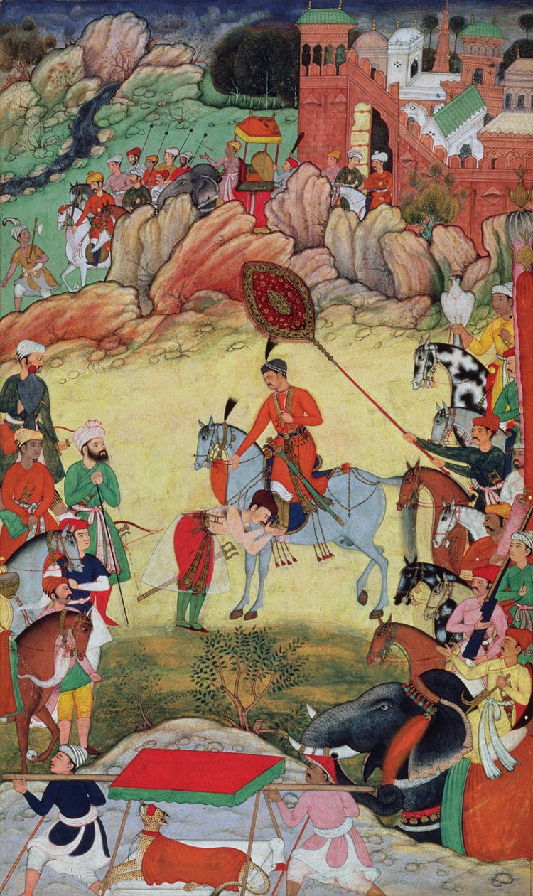 Adham Khan hyllar Akbar i Sarangpur, Centrala Indien, 1560 eller 1561, från Akbarnama, 1590-98 av Mughal School
