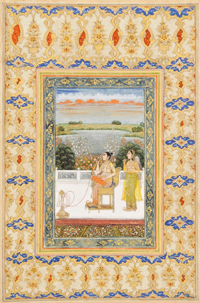 Albumsida: Gulbadan Begum röker på en terrass, Delhi, ca 1800 av Mughal School