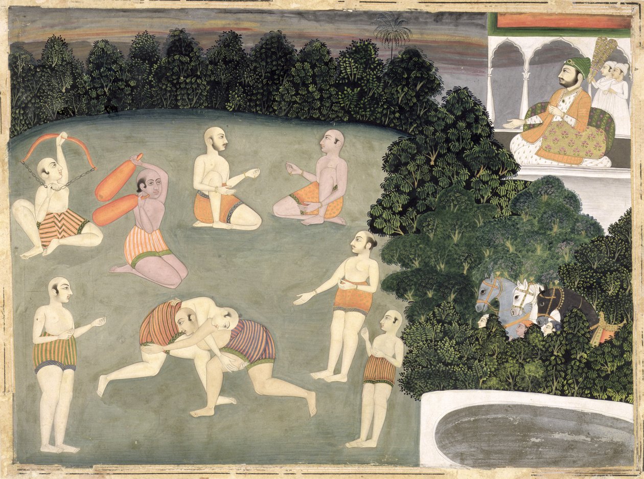 Idrottare uppträder inför en sittande adelsman, ca 1760 (ogenomskinlig wc på papper) av Mughal School