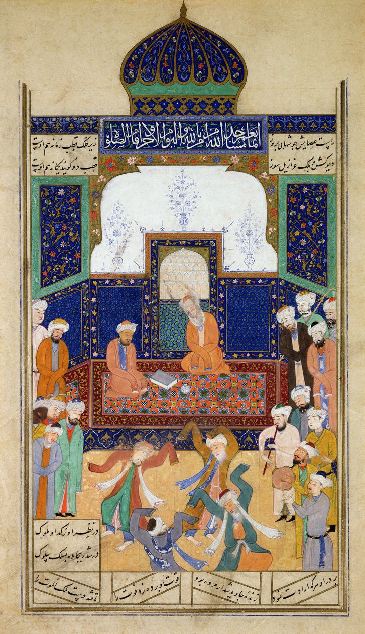 Dervischer dansar till musik före sin Shaik och en lärjunge, från Khamsah of Prince Khusrau, Matla al-Anvar, 1485 (890 Hijra) av Mughal School
