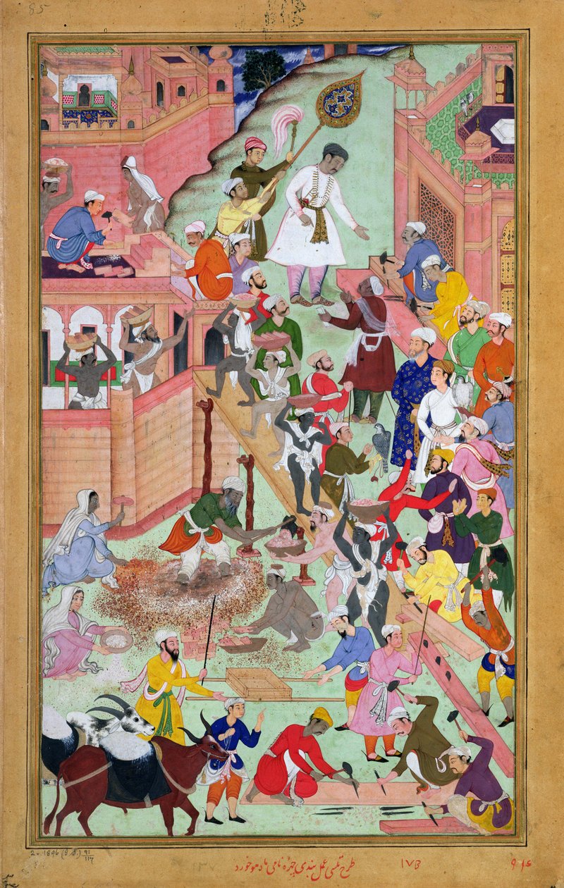 Kejsar Akbar (r.1556-1605) inspekterade byggnadsarbetet i Fatepur Sikri, stad färdig 1584, från Akbarnama, 1590-98 (ogenomskinlig wc & guld på papper) av Mughal School