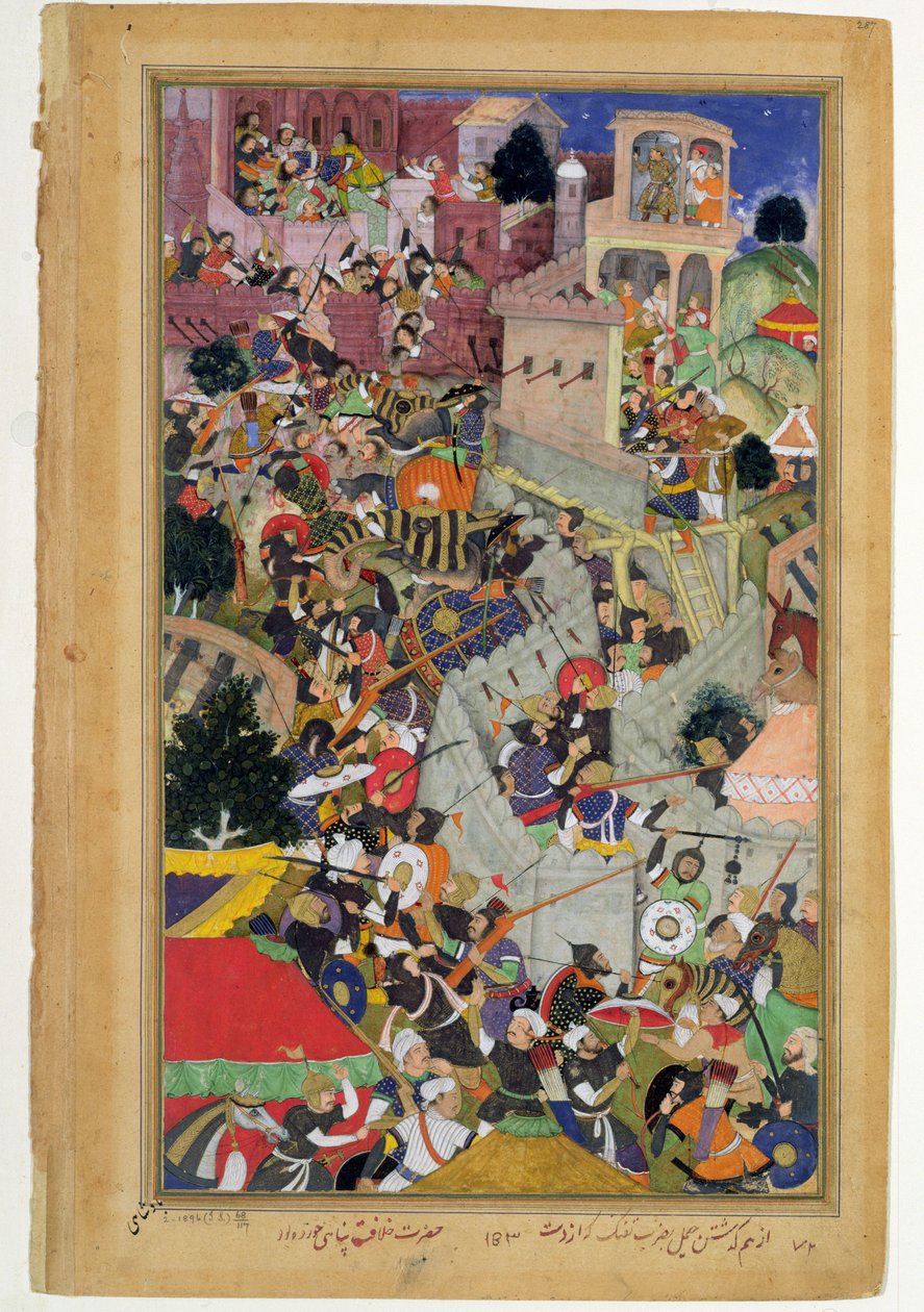 Kejsar Akbar (r.1556-1605) skjuter Saimal vid belägringen av Chitov 1567, från Akbarnama tillverkad av Abul Fazi, 1590-98 (ogenomskinlig wc & guld på papper) av Mughal School