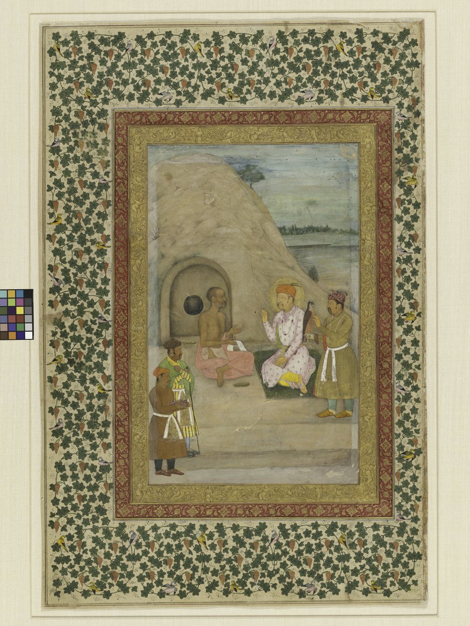 Kejsar Akbar och Gosain Jadrup, folio från St. Petersburg Muraqqa’, c.1625-30 av Mughal School