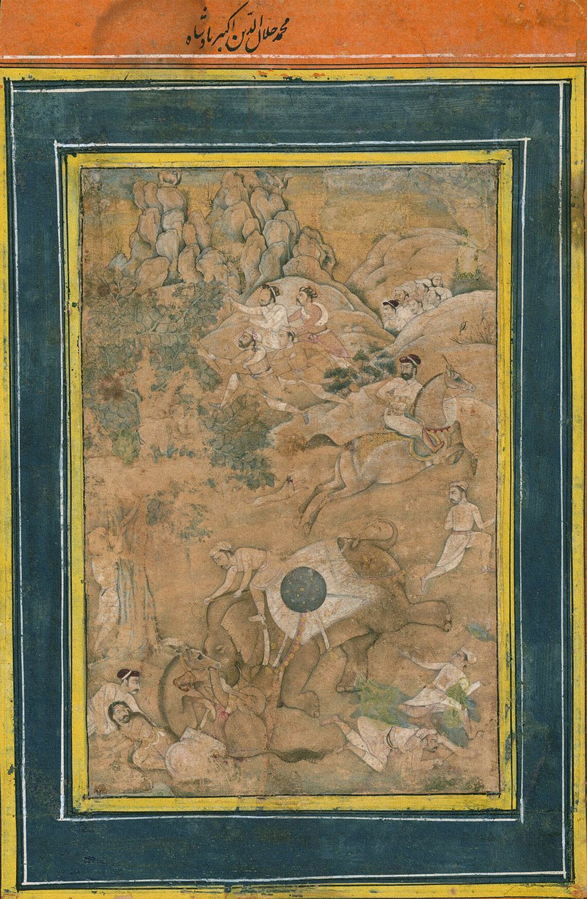 Kejsar Akbar kontrollerar en elefant under en jakt, tidigt 1600-tal (ogenomskinlig akvarell, guldfärg och bläck på papper) av Mughal School
