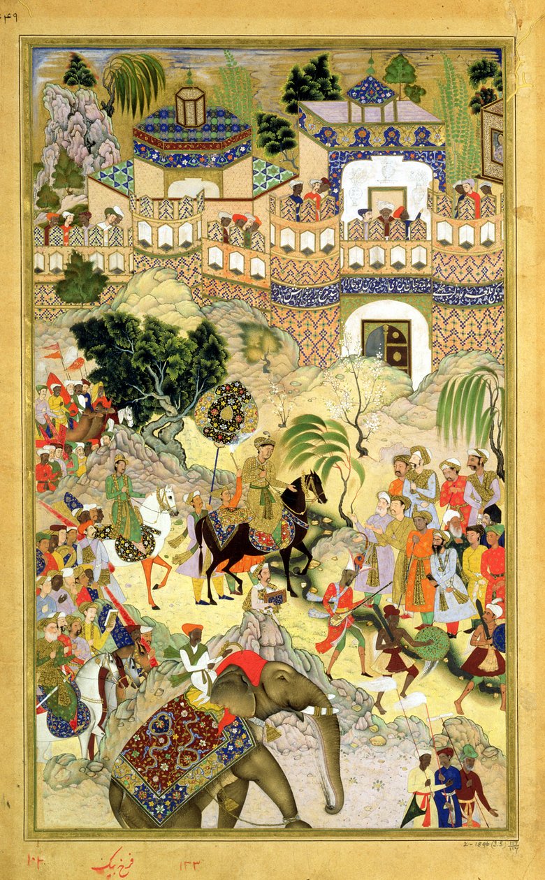 Kejsar Akbars triumferande intåg i Surat, från Akbarnama tillverkad av Abul Fazl (1515-1602) 1590-98 (ogenomskinlig wc & guld på papper) av Mughal School