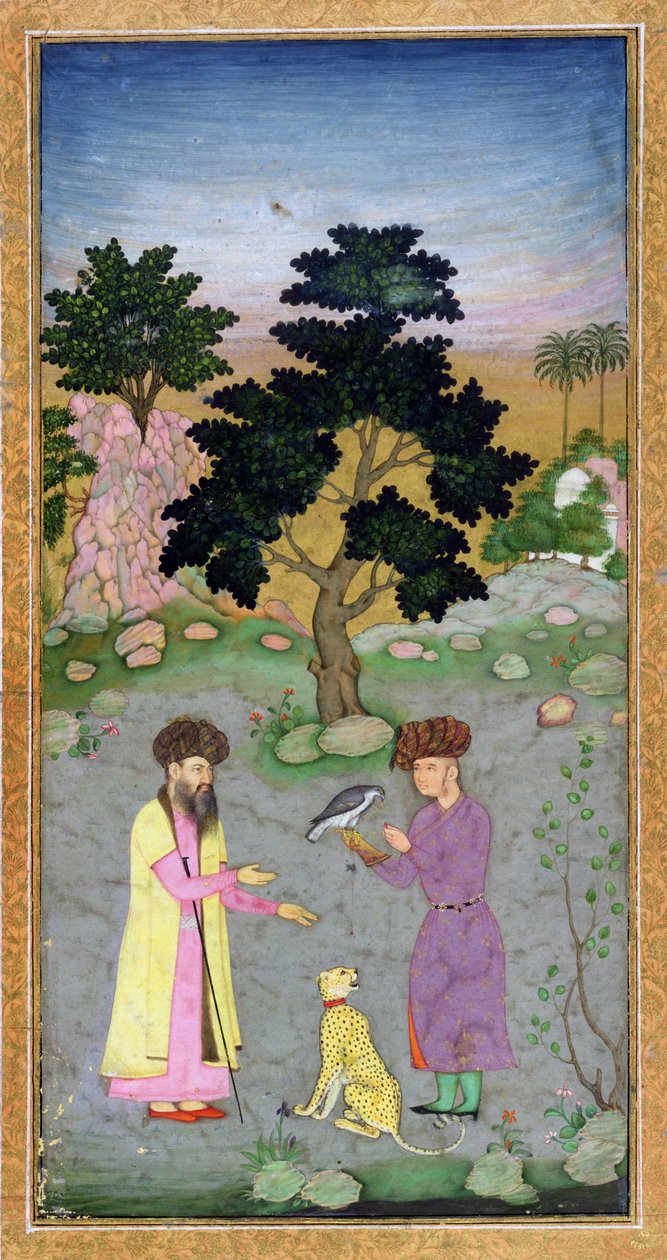 Falkonerare med följeslagare och husdjursgepard, från Small Clive Album, c.1610-15 (ogenomskinlig wc på papper) av Mughal School