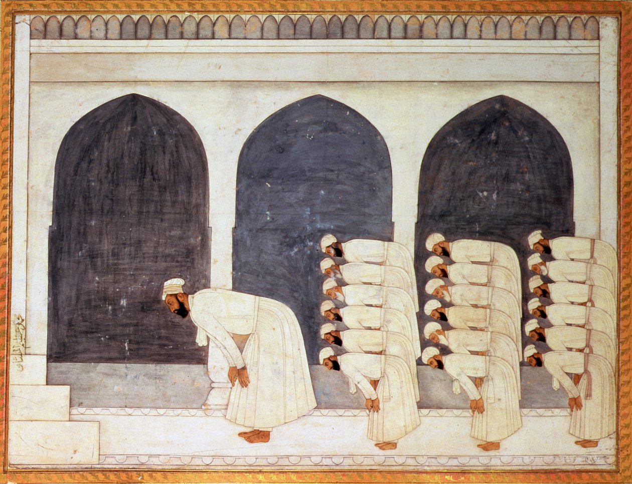 Folio.38a En mogulprins i en moské som leder fredagsbönen från det stora Clive-albumet, Mughal, ca 1720 av Mughal School