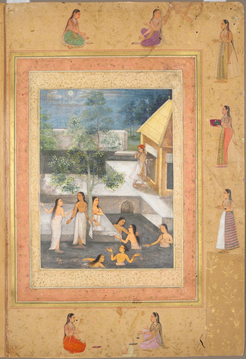 Harem nattbadscen (recto): Kalligrafi inramad av en prydnadskant av blommor och fåglar (terso), ca. 1650 (bläck och färg på papper) av Mughal School