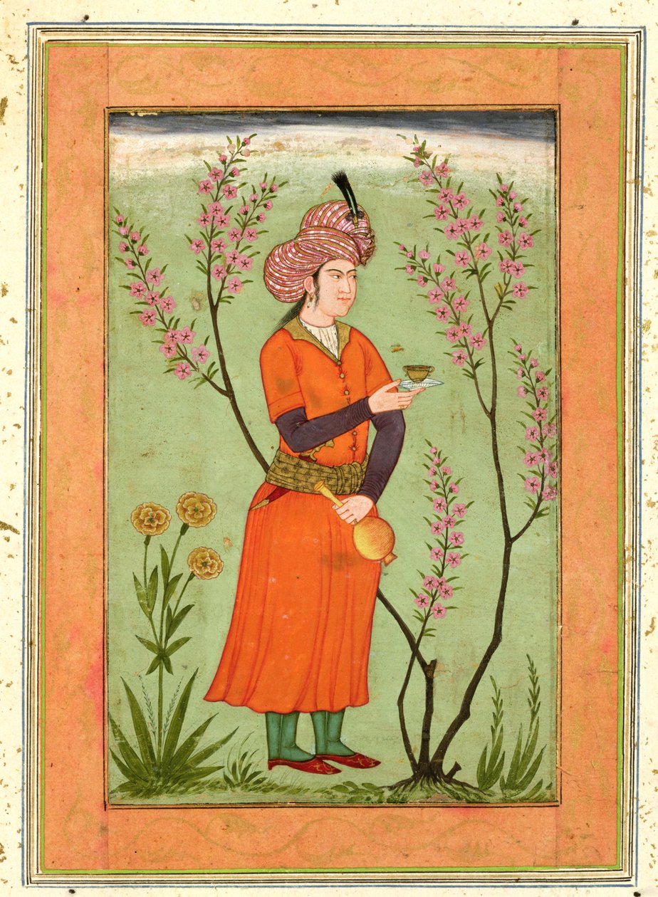 Iransk prinsfigur som håller en kopp och en kolv, ca 1640, från Large Clive Album av Mughal School