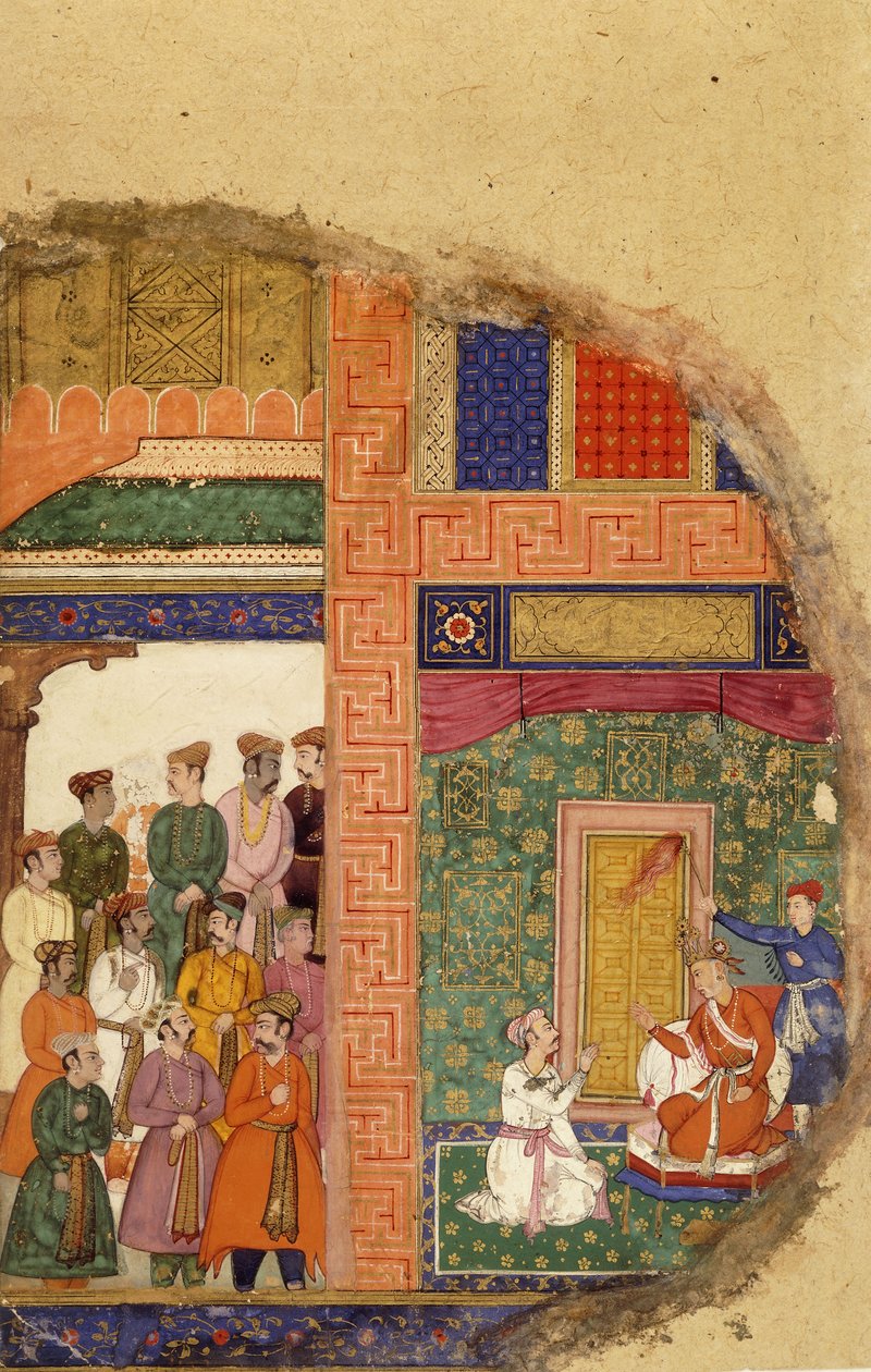 Kung Dasaratha samtalar med familjeprästen om Ramas regentskap inne i palatset, medan hovmän och ministrar väntar på borggården, ca 1595 av Mughal School